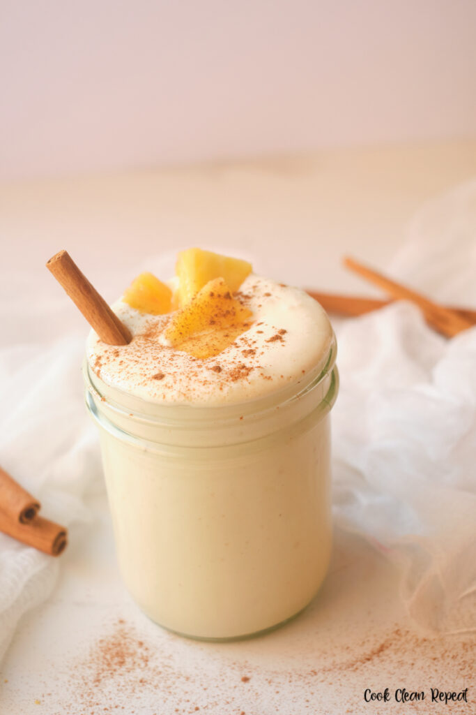 another look at the finished pineapple cinnamon smoothie. 