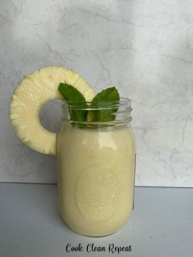 The finished pineapple smoothie is ready to enjoy.