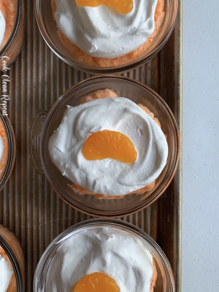 A top down view of the cups full of finished mousse ready to serve. 