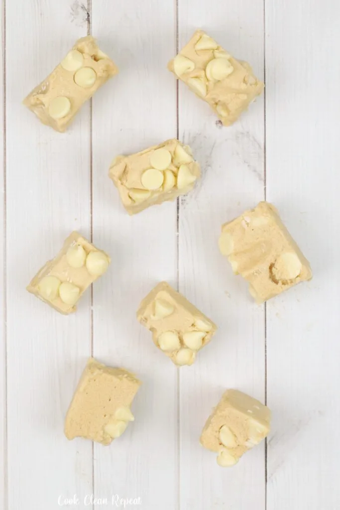 Another look at the finished white chocolate peanut butter fudge ready to eat. 
