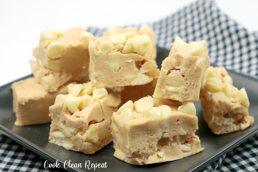 Featured image showing the finished white chocolate peanut butter fudge.