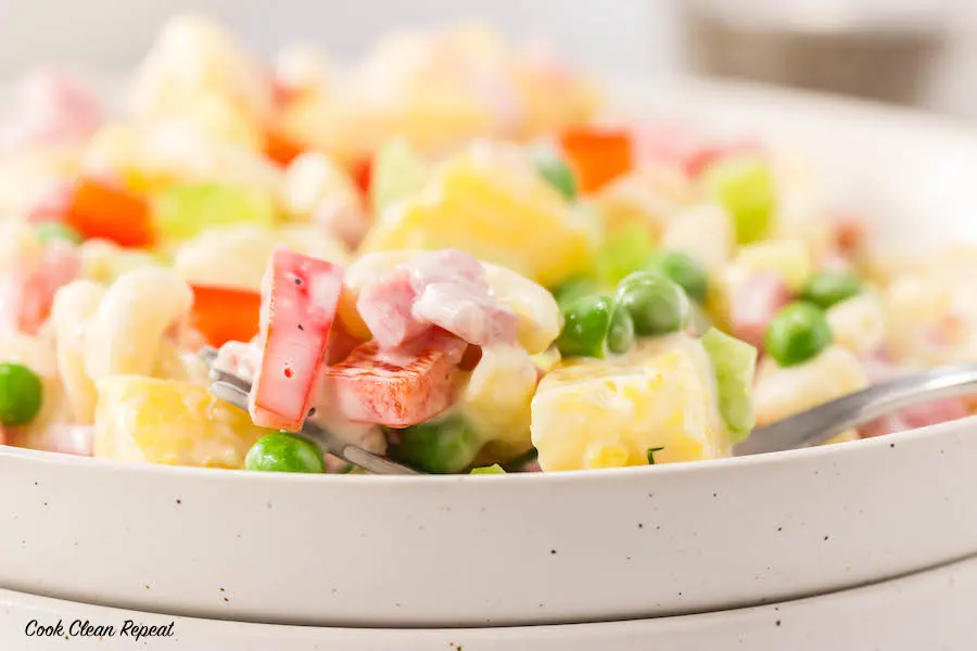 close up view of finished ham and pineapple pasta salad