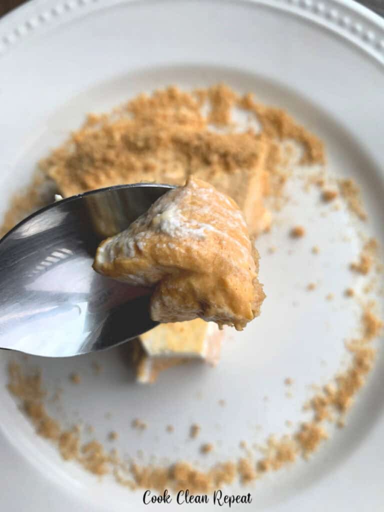 A spoonfuls of the finished no bake pumpkin pie ready to eat.