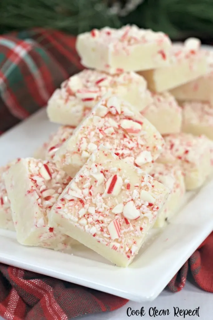 Here we see the finished candy cane fudge ready to be shared. 