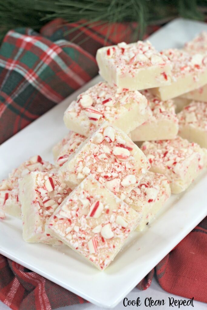 A top down look at some of the finished candy cane fudge. 