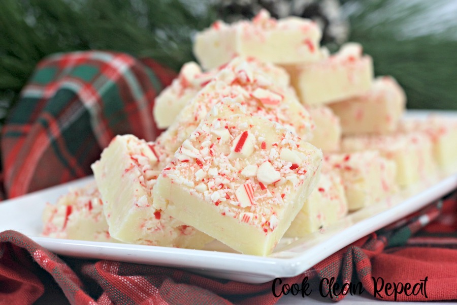 Featured image showing the finished candy cane fudge ready to serve.