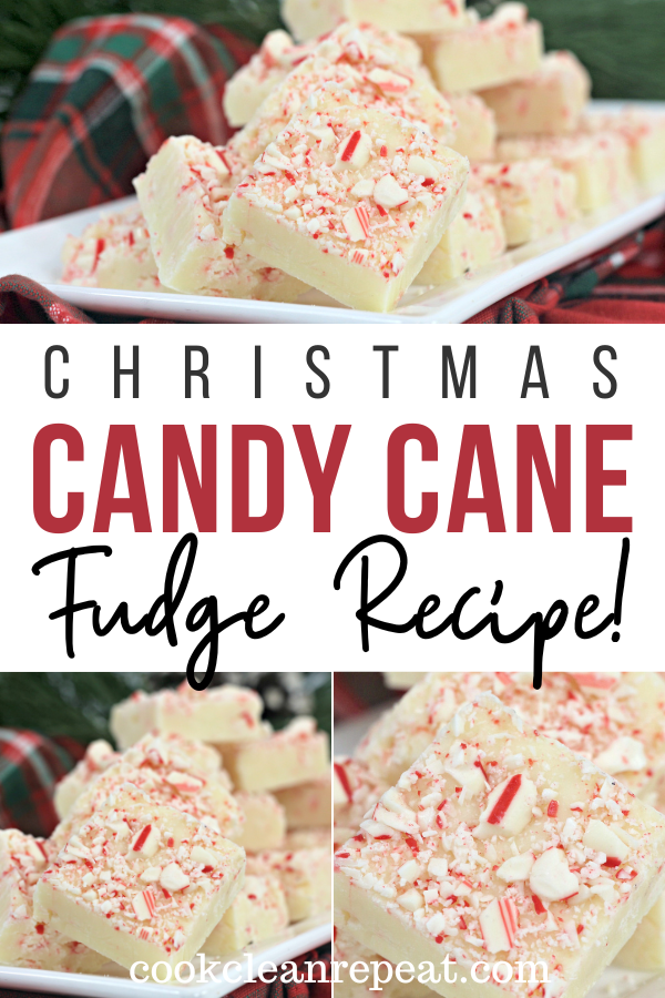 Pin showing the finished candy cane fudge ready to eat