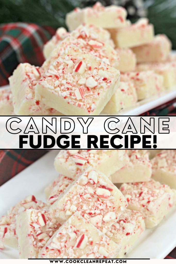 pin showing the finished candy cane fudge ready to eat. 