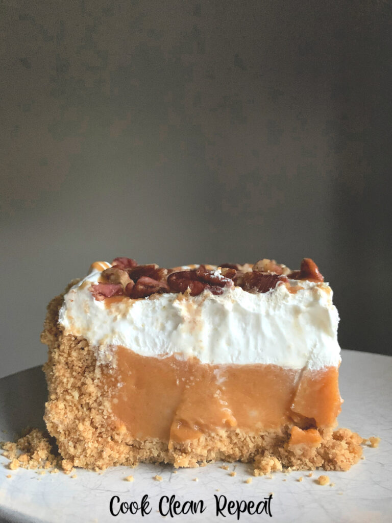 A side view of the finished layered no bake pumpkin dessert.