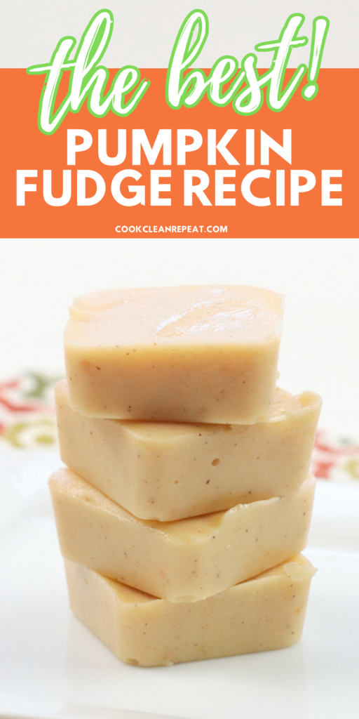 A pin showing the finished pumpkin fudge recipe ready to share with title at the top.