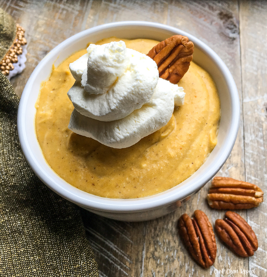 A bowl full of the finished pumpkin mousse ready to eat.