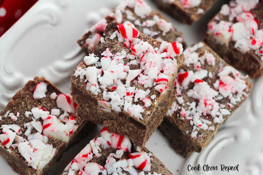 Here is a batch of the finished peppermint fudge on a platter ready to be enjoyed. 