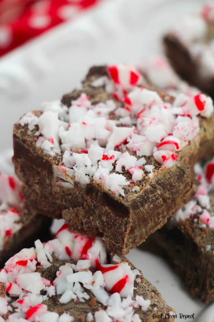 A close up view of the finished peppermint fudge ready to eat. 