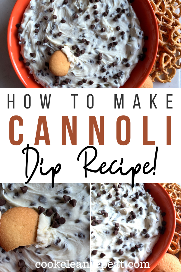 Pin showing the finished cannoli dip ready to eat with title across the middle.