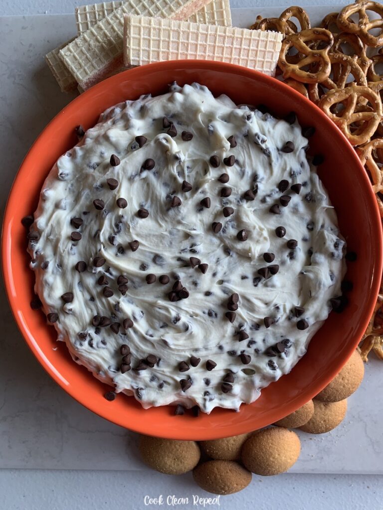 A top down look at a bowl full of the finished cannoli dip. 