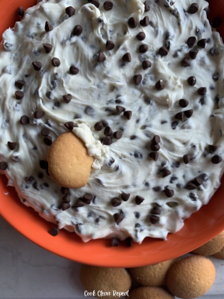 A close up of the finished chocolate chip dip ready to be served. 
