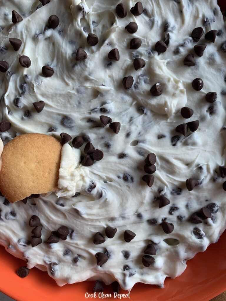 A close up of the chocolate chip dip ready to eat. 