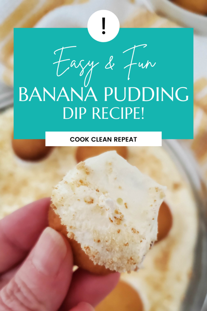 Pin showing the finished banana pudding dip ready to serve with title in a blue box at the top. 