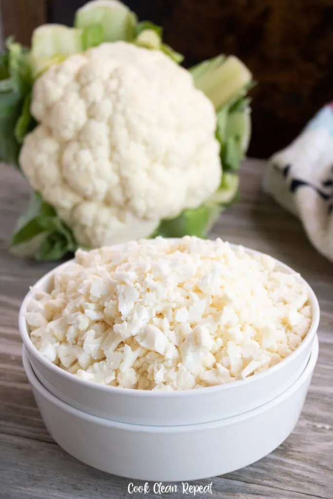 A close up of the finished how to make cauliflower rice recipe. 