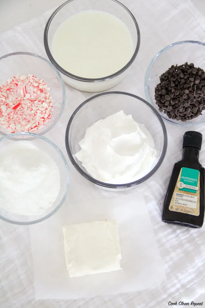 ingredients needed for peppermint cheesecake dip. 