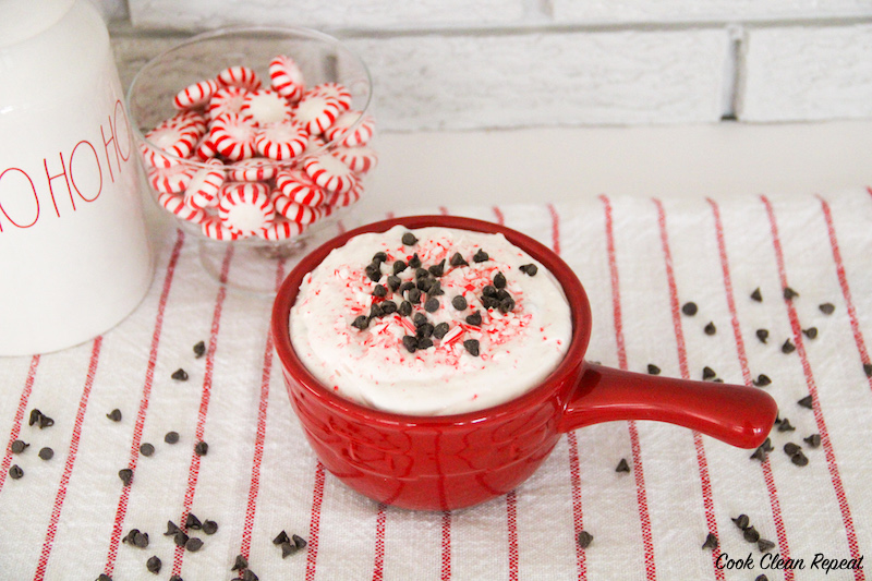 a bowl full of the finished peppermint cheesecake dip. 
