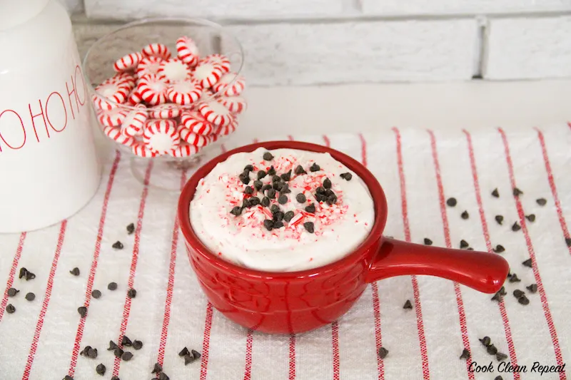 a bowl full of the finished peppermint cheesecake dip. 