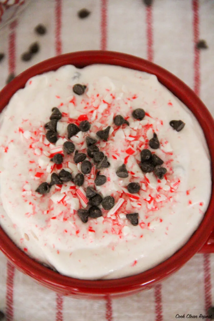 top down look at the finished peppermint cheesecake dip. 
