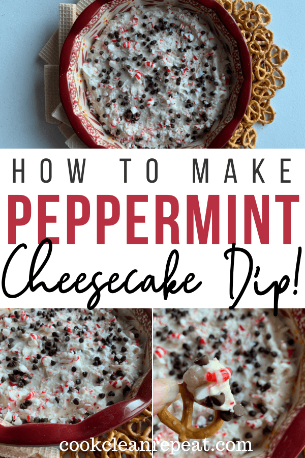 This delicious peppermint cheesecake dip is ready to eat with title across the middle.