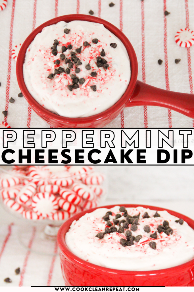 pin showing the finished peppermint cheesecake dip