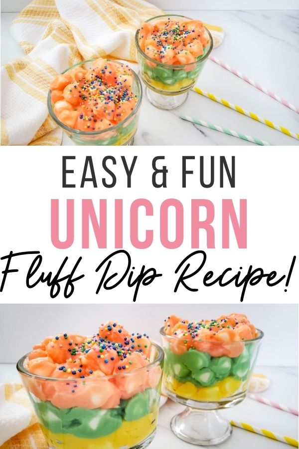 Finished unicorn fluff dip pin showing finished recipe and title in the middle. 