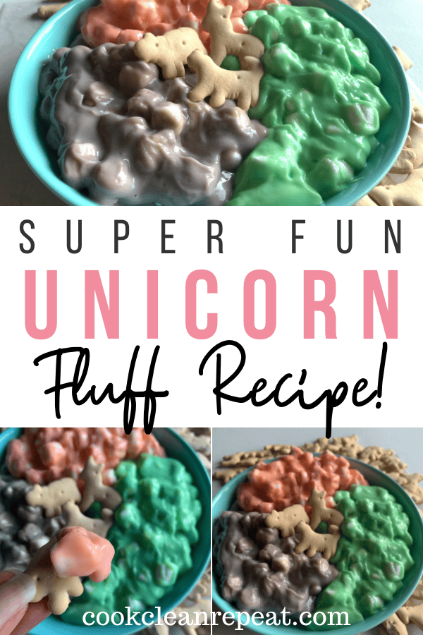 Pin showing the finished unicorn fluff ready to eat with title across the middle.