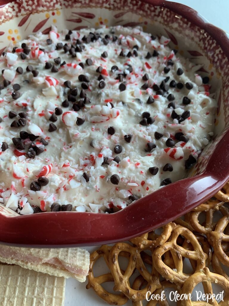 A close up of the finished peppermint cheesecake dip ready to serve. 