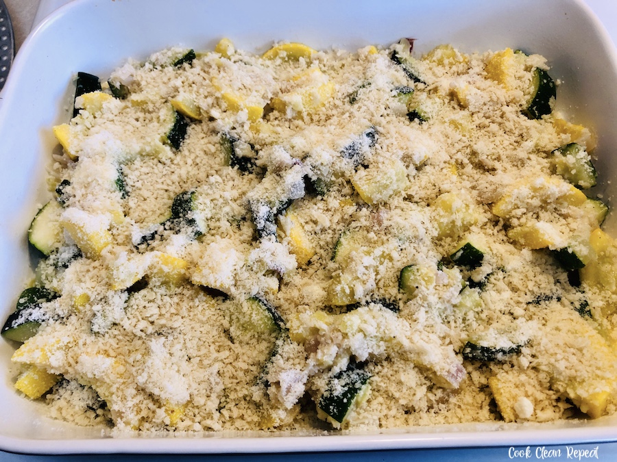 topped with breadcrumbs ready for the oven.