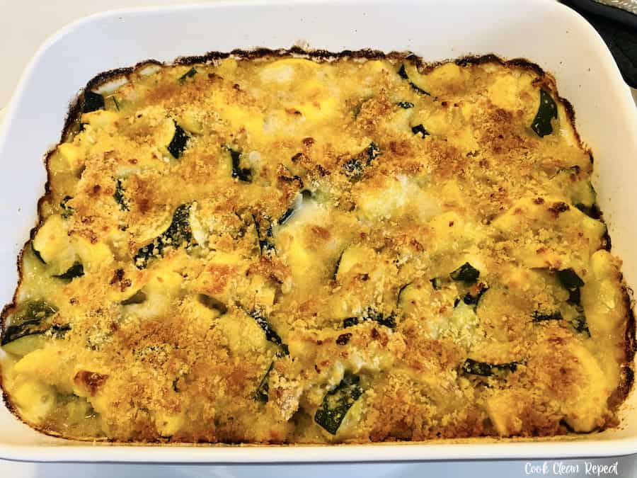 Full pan of the finished squash and zucchini casserole ready to eat.