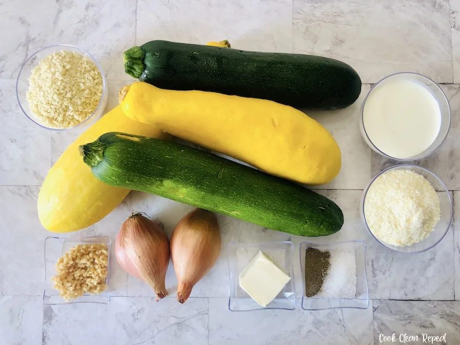 Ingredients needed to make squash and zucchini casserole.