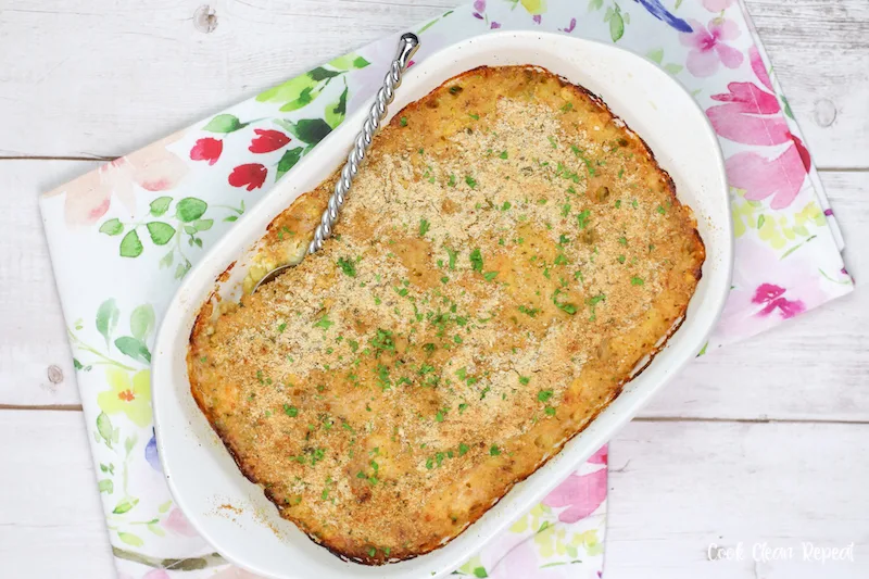 Finished pan of the squash and zucchini casserole ready to serve.