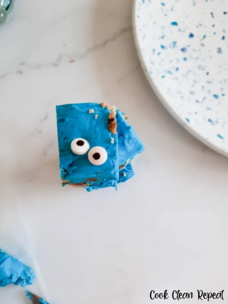 A close up look at the finished Cookie Monster fudge. 