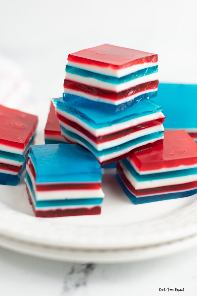 A close up of the finished jello red white and blue jello ribbon salad. 