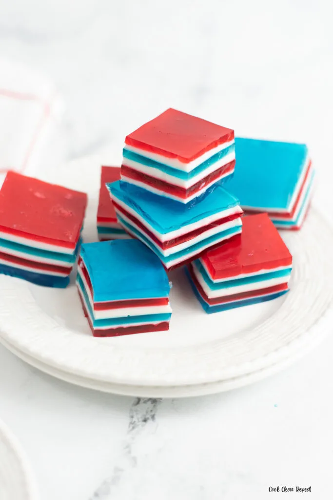A close up look at the finished patriotic jello squares ready to eat. 