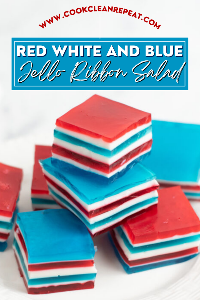 Pin showing the title Red White and Blue Jello Ribbon Salad