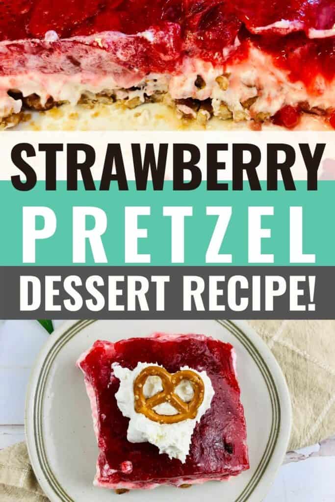 featured image showing the finished strawberry pretzel dessert ready to eat with title across the middle.