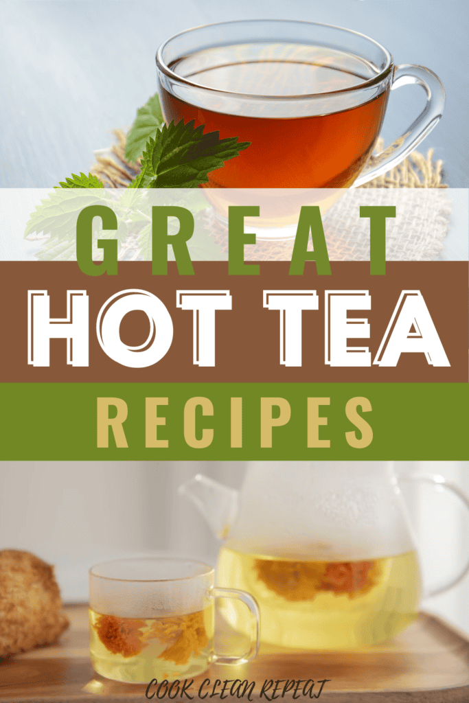 Pin showing the hot tea recipes with title across the middle.
