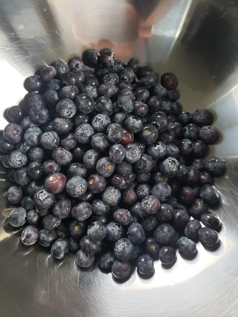 Washed blueberries in a large bowl. 
