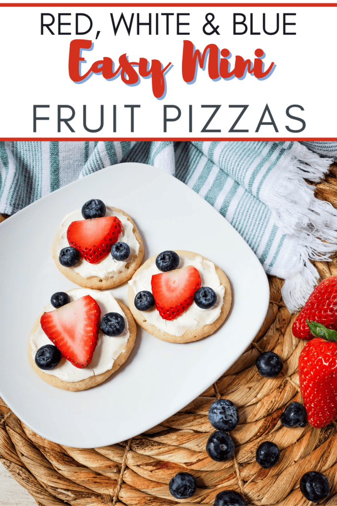 Pin showing the finished fruit pizza dessert ready to serve with title across the top.