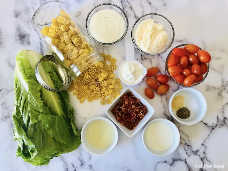 Ingredients needed to make BLT pasta salad recipe. 