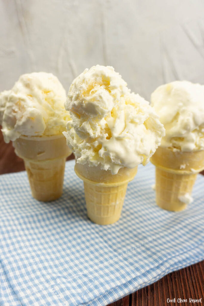 Another look at the finished cones of coconut pineapple ice cream ready to eat. 