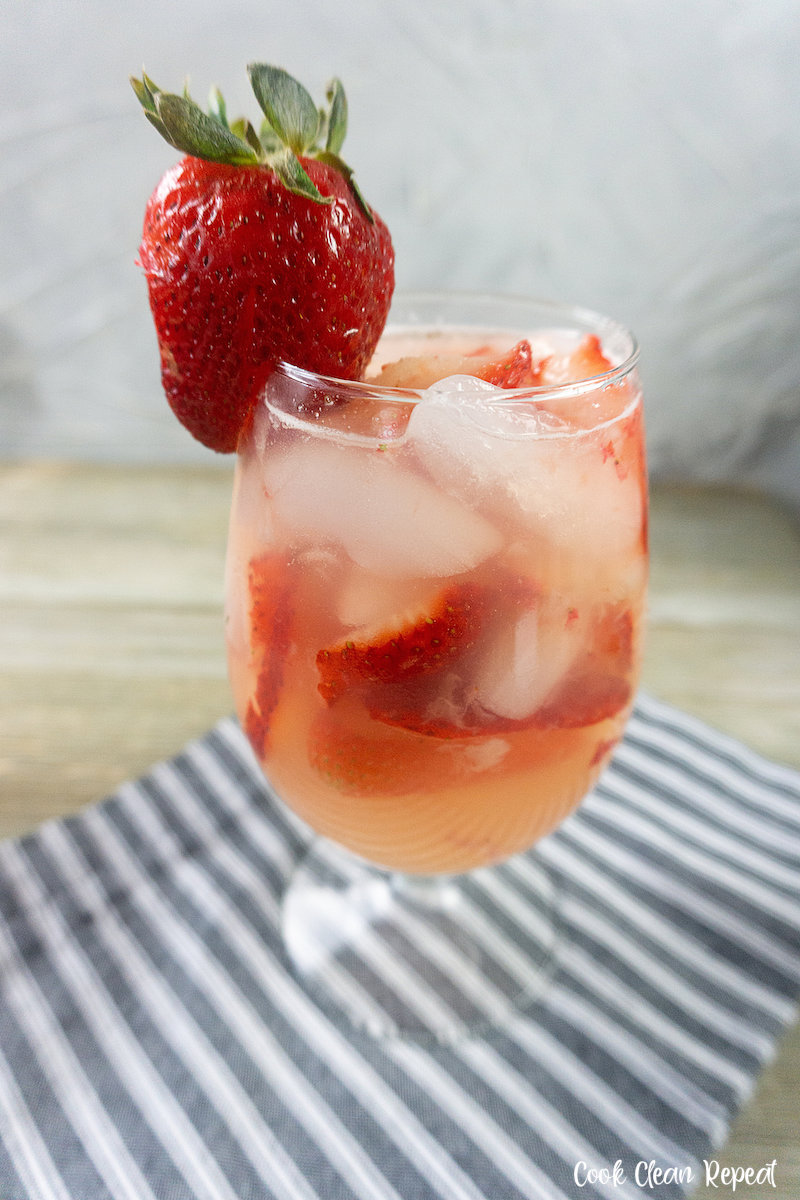 A look at a finished glass of the fresh strawberry lemonade ready to drink. 