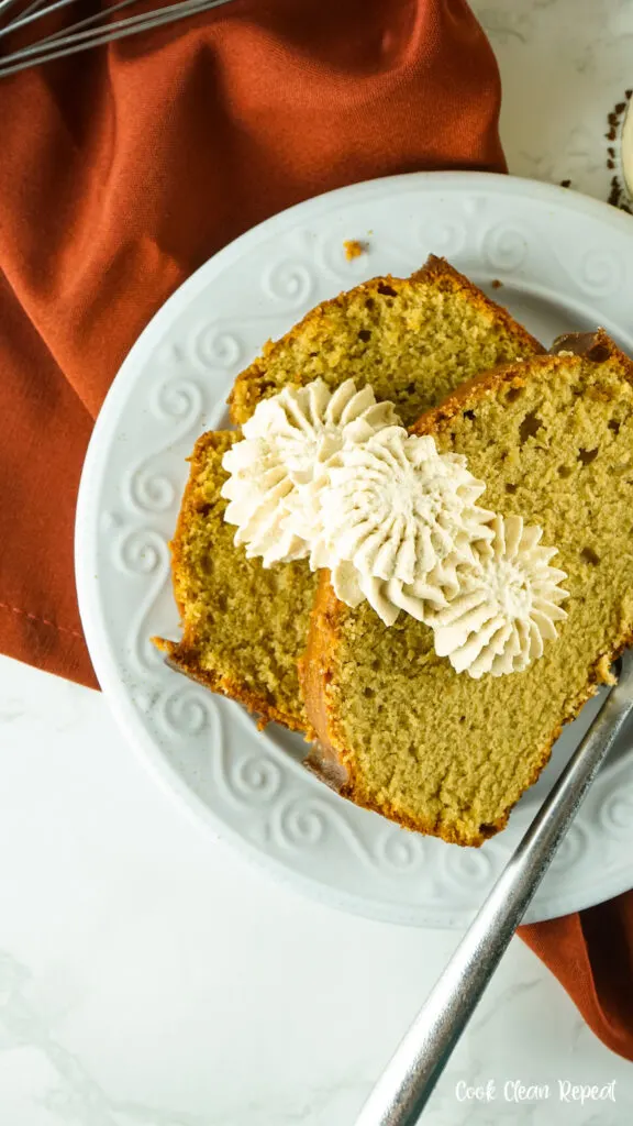 Coffee whipped cream on slices of pumpkin bread. 