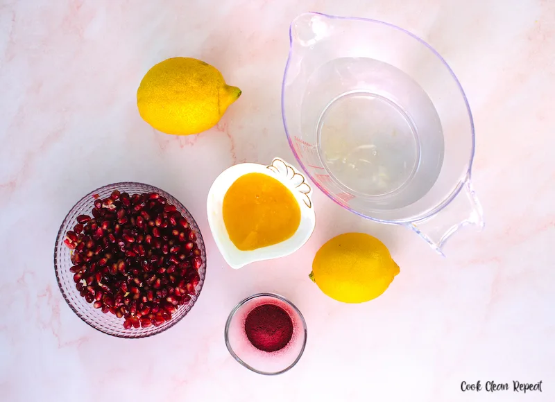 Ingredients needed to make pink lemonade at home. 