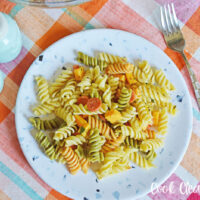 featured image showing the finished Italian pasta salad with pepperoni on a plate ready to eat.